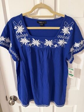 NWT Style & Co. Royal Blue Embroidered Square-Neck Top 100% cotton knit Large